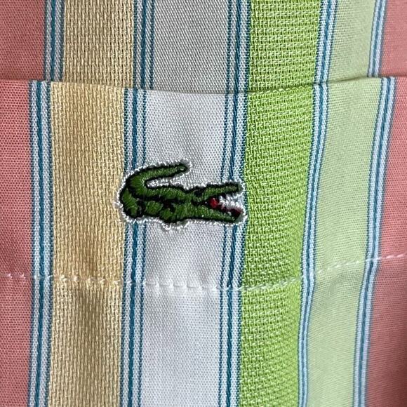 Lacoste Men's Size 40 Striped Lime Green Peach White Pointed Collar Long Sleeve - Picture 4 of 10